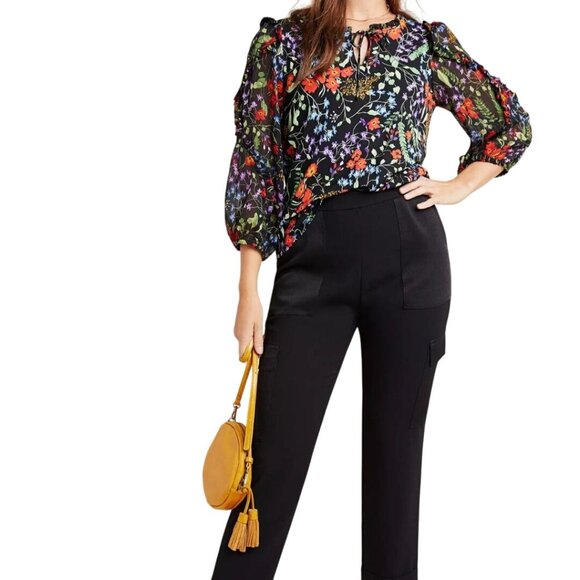 Anthropologie Maeve Jaquin Peasant Blouse Black Floral Puff Sleeve Size 1X - Picture 7 of 14